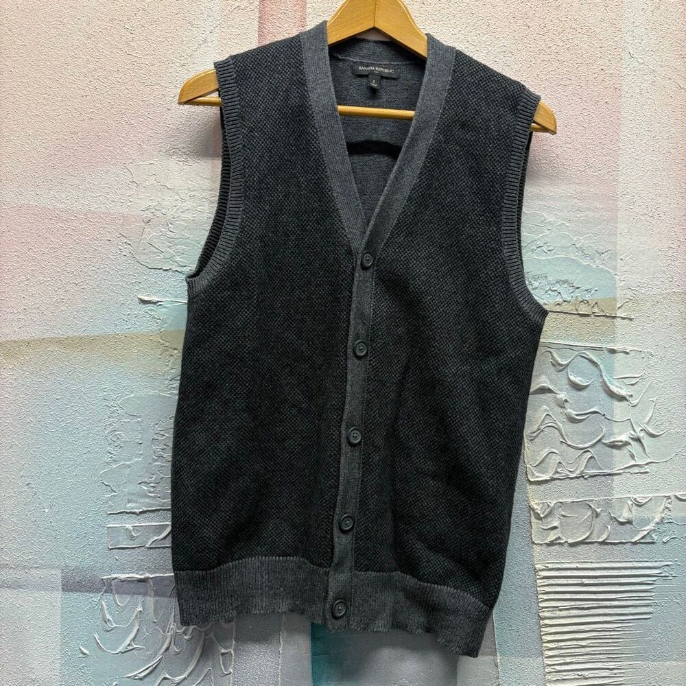 Banana Republic S Gray Cotton Wool Button Down Vest Minimalist Professional